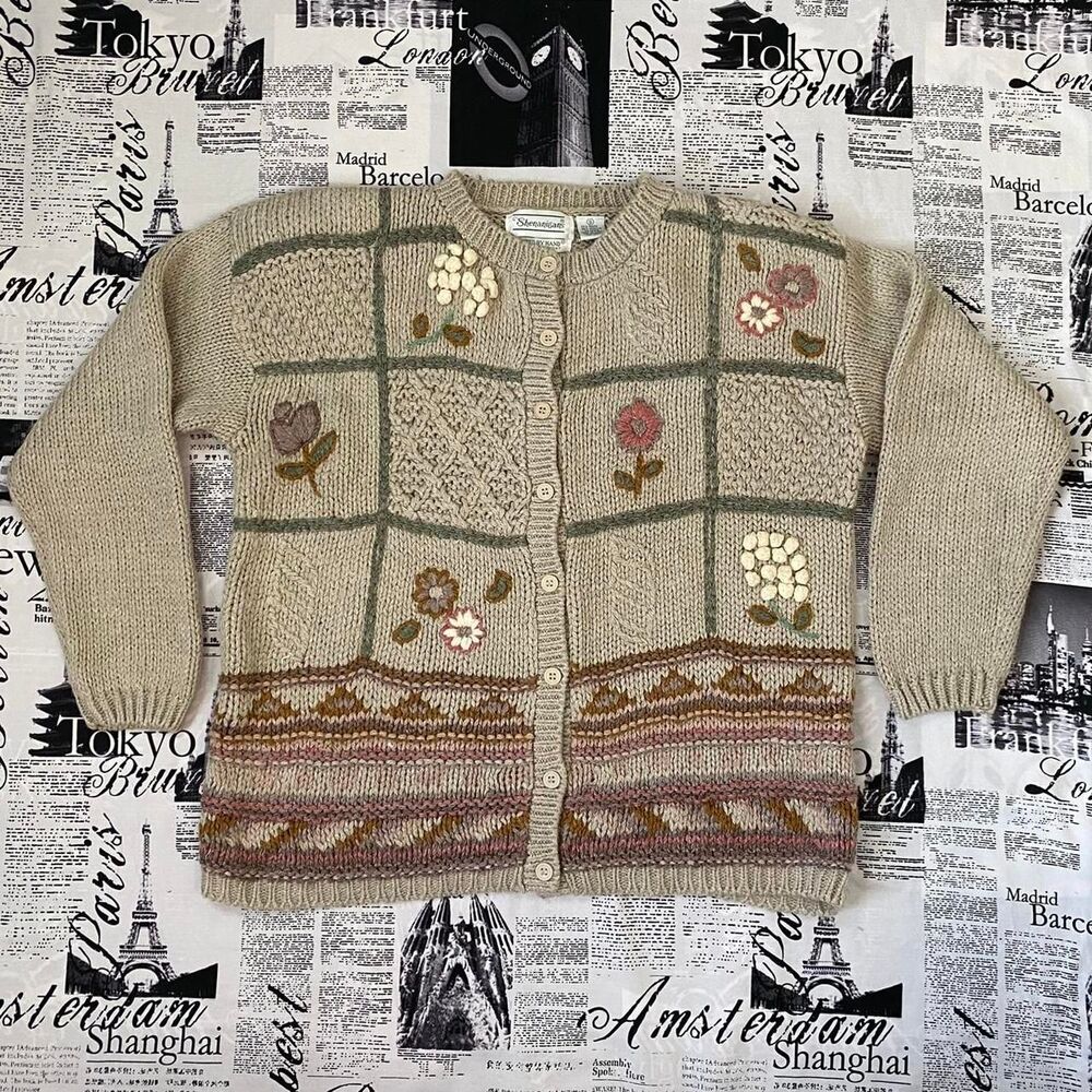 Shenanigans Women's Tan Cardigan floral knit embroidered grandmacore 90s vintage